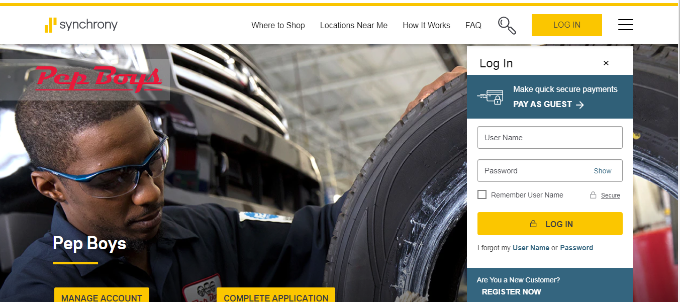Pep Boys Credit Card Login page